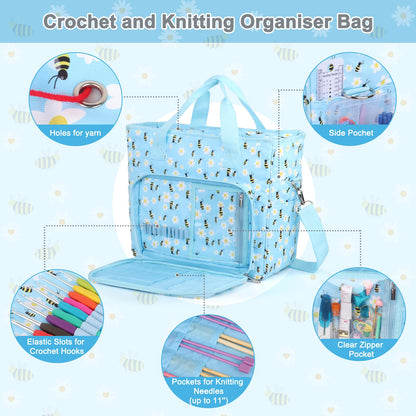 Yarn Storage Organizer Travel Crochet Bag, Large Capacity Tote Bag Knitting Bag for Carrying Projects, Knitting Needles, Crochet Hooks and Yarn, Blue Floral and Bees