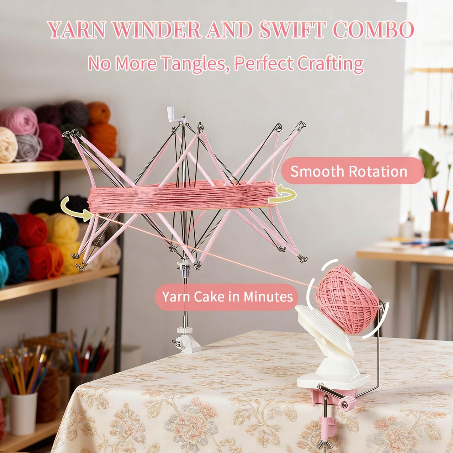 SPEENSUN Yarn Winder and Swift Combo, Efficient 3.5 OZ Yarn Cake Maker, Adjustable Angle/Height Yarn Swift Turn Loose Yarn into Tidy Skeins, Easy-to-Install Yarn Spinner for Yarns Below Size 5
