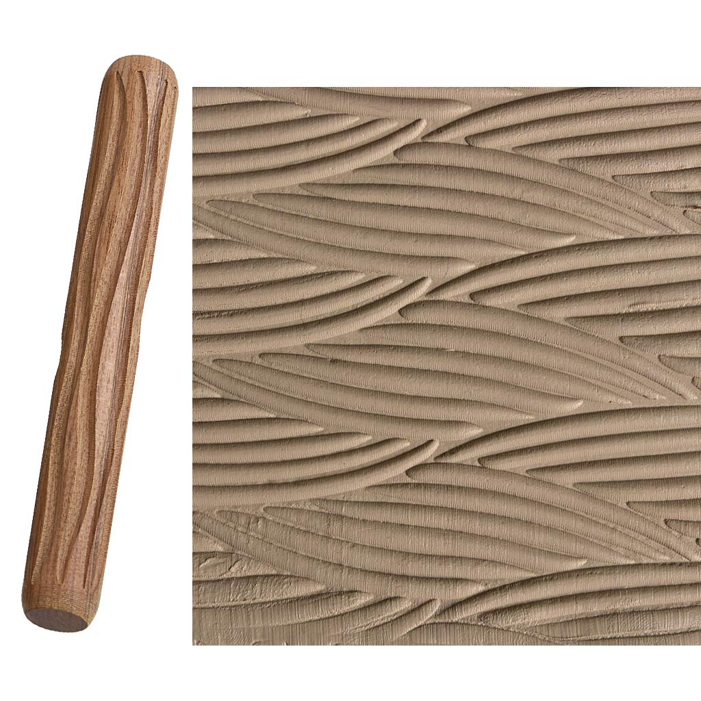 OwnMy Set of 5 Clay Modeling Pattern Rollers Kit, Fish Leaves Cobblestone Ripple Wood Grain Pattern 4.7 IN Clay Rolling Pin Textured Hand Roller Wooden Handle Pottery Tools Set
