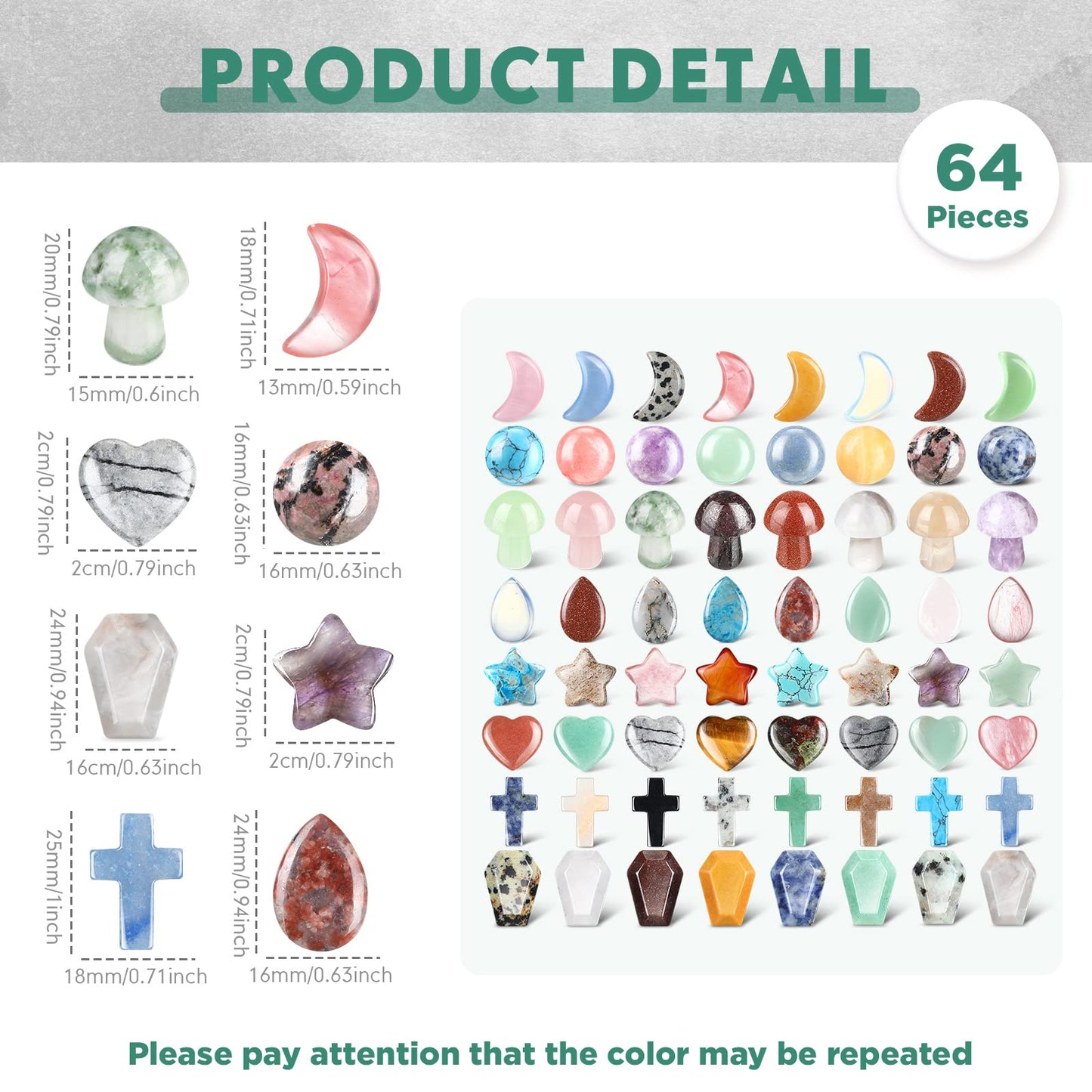 Nuenen 64 Pcs 0.8 Inch Mixed Hearted Crystals Worry Stones Gift Heart Shaped Healing Star Shape Moon Cross Coffin Gemstone Teardrop Palm Pocket Ball for Valentines Witchcraft Supplies