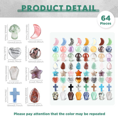 Nuenen 64 Pcs 0.8 Inch Mixed Hearted Crystals Worry Stones Gift Heart Shaped Healing Star Shape Moon Cross Coffin Gemstone Teardrop Palm Pocket Ball for Valentines Witchcraft Supplies