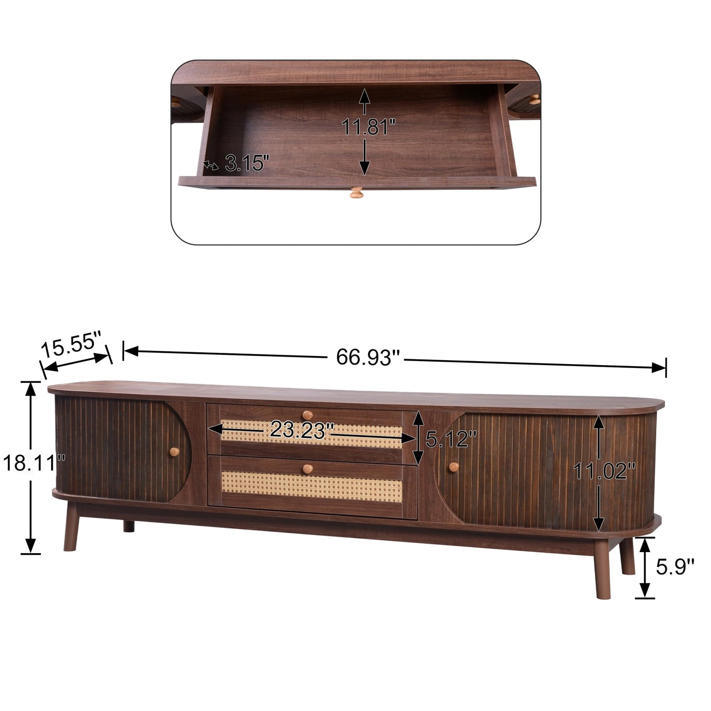 Ball & Cast TV Stand for TVs up to 75",Modern Entertainment Center with 2 Sliding Doors and 2 Rattan Drawers,TV Media Console w/Storage Cabinets and Solid Wood Legs for Living Room,Natural+Brown