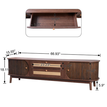 Ball & Cast TV Stand for TVs up to 75",Modern Entertainment Center with 2 Sliding Doors and 2 Rattan Drawers,TV Media Console w/Storage Cabinets and Solid Wood Legs for Living Room,Natural+Brown