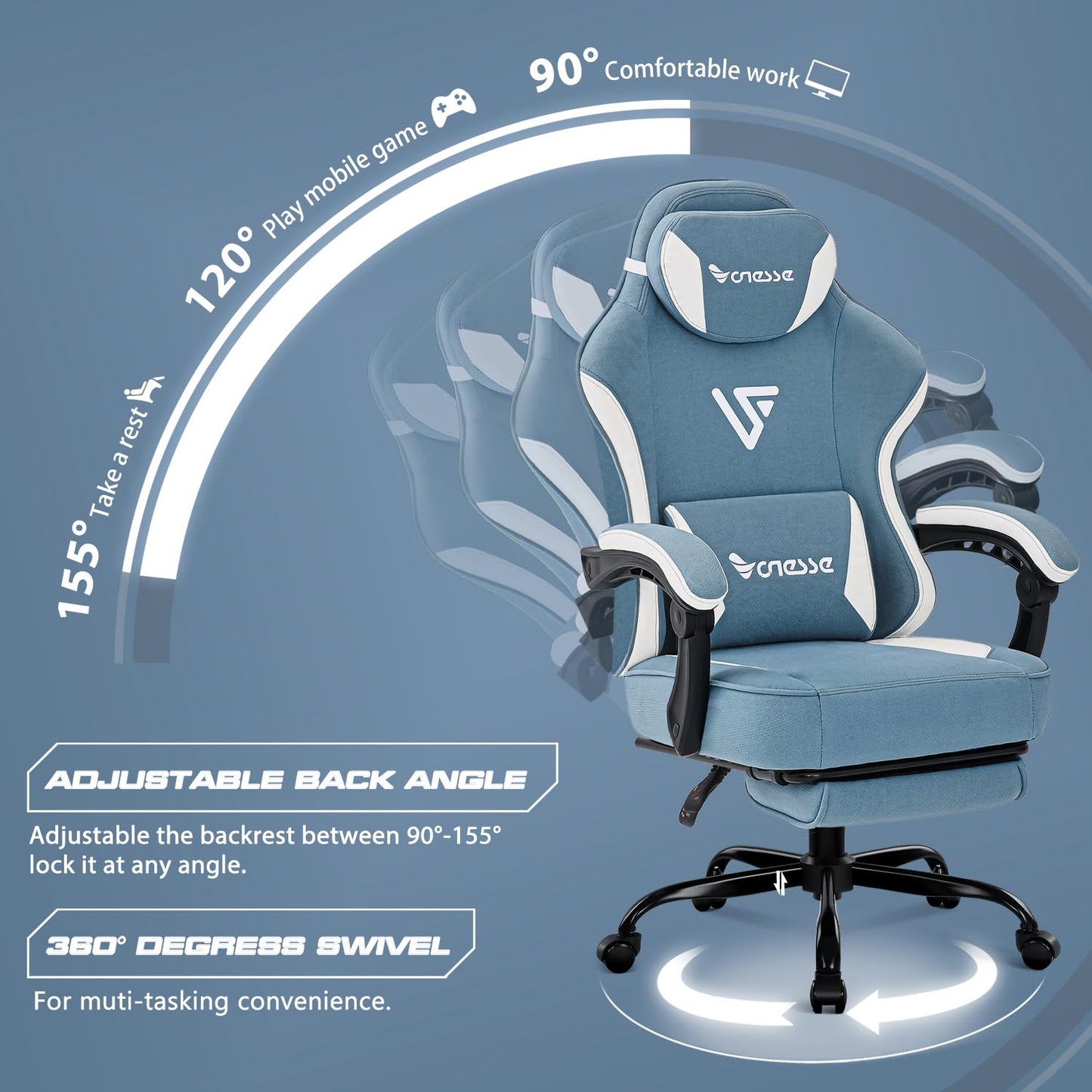 Vonesse Gaming Chair, Computer Chair Fabric with Pocket Spring Cushion, Office Chair with Footrest and Massage Lumbar Support, Reclining Gaming Chairs for Adults 250LBS (Blue)