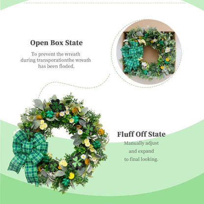 vivimemo St. Patrick's Day Wreath 20-inch Green Four-Leaf Clover Irish Day Wreath St. Patrick's Day Holiday Decoration Front Porch Party Spring Yard Decoration