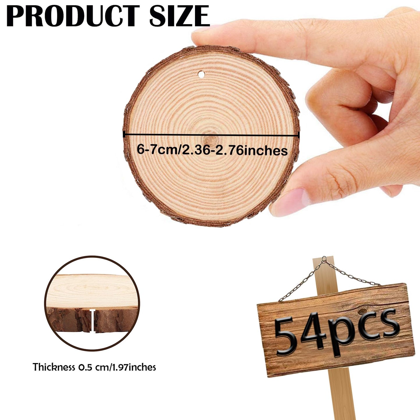 BIBRADAA Wood Slice Ornaments 54 Pcs 2.4-2.8 Inches,Unfinished Natural Wood Cookies,Predrilled with Hole Wood Slices for Crafts,Christmas Ornaments Wedding Decorations etc. ﻿
