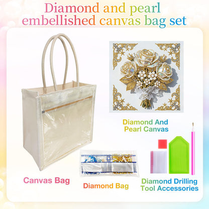 Xylzzuit DIY Pearl Painting Canvas Tote Bag Kit 11.42IN Diamond Art Handbag for Women Shopping Grocery Bag Dots Beads Art Craft Gift (Flower01)