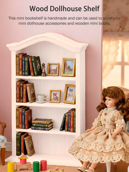 KooingTech Mini Bookshelf, Dollhouse Bookshelf for Mini Books, 1:12 Miniature Bookshelf of Miniature Dollhouse Furniture, Wooden Doll House Book Shelf, Dollhouse Bookcase Wood Color (1)