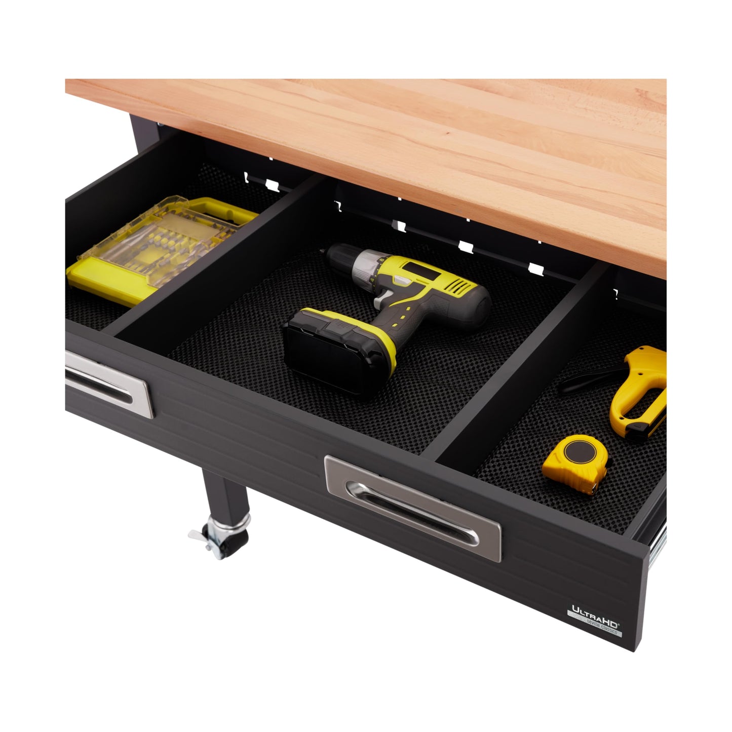 Seville Classics UltraGraphite Wood Top Workbench on Wheels with Sliding Organizer Drawer Table, 48", Graphite