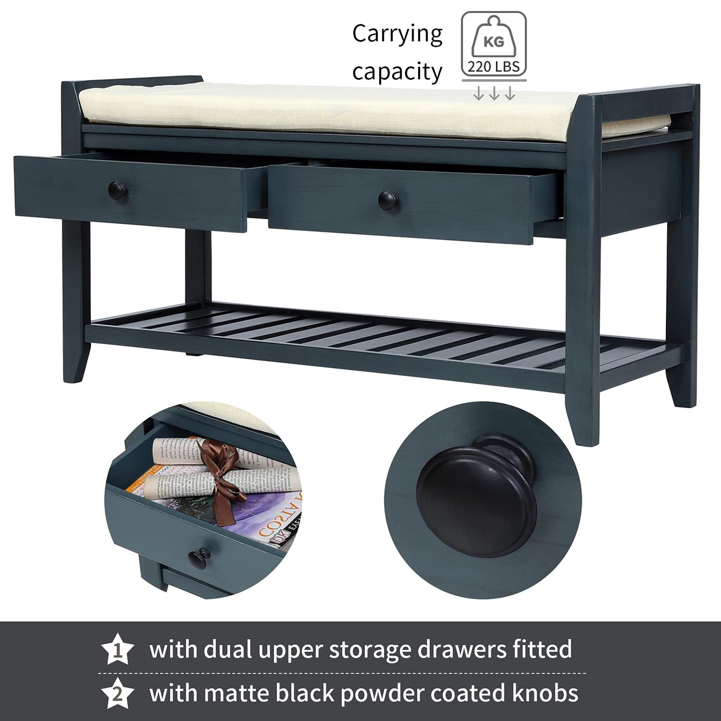 Acosure 42″ Storage Bench with 2 Drawers and 2 Cabinets，Multipurpose Entryway Shoe Rack W/Removable Cushion，for Living Room Hallway Porch,White
