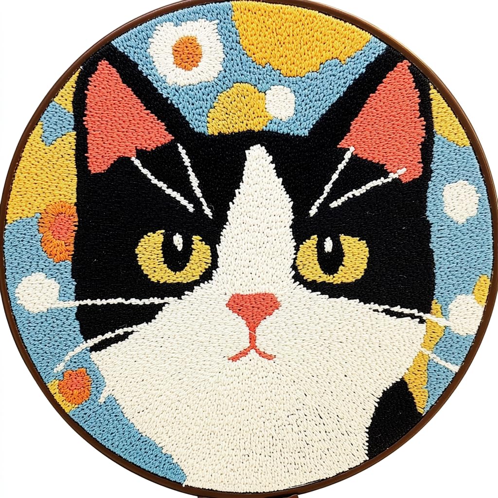DIY Punch Needle Kits Cute Cartoon Black White Cat Easy for Beginners Punch Needle Yarn Starter Embroidery Set for Craft Lovers with Hoop for Home Decor 20x20cm(1)