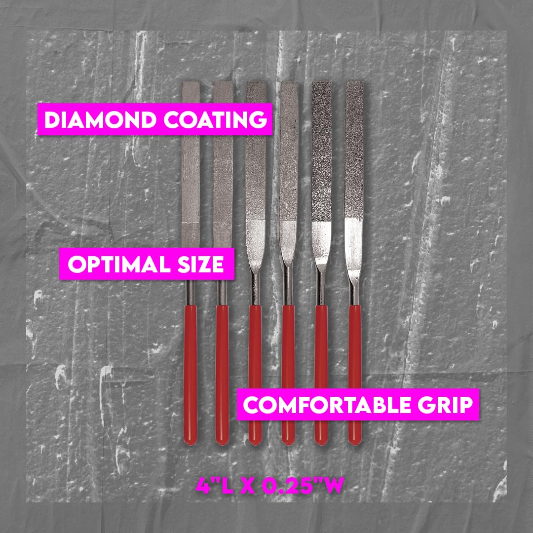 SE 74330DF 6-Piece Flat Diamond Grit File Set - Multi-Grit for Metals, Glass, Stones - 7" Length, 2" Diamond Surface, Round Handles - Includes PVC Pouch