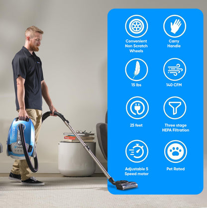 Prolux Tritan Bagged Canister Vacuum Cleaner, HEPA Filtration, Complete Home Care Tool Kit, Pet Hair No More, Adjustable Power Setting, Blue
