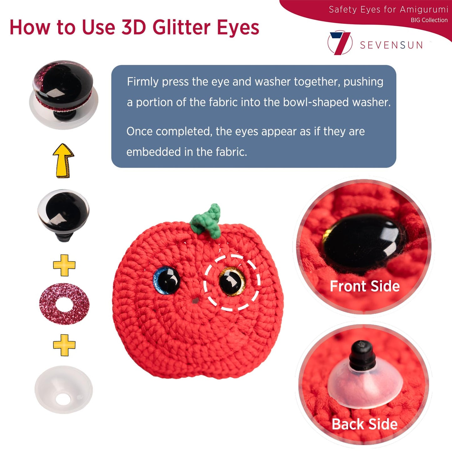 SEVENSUN 30mm Sparkling Off-Centered Glitter Safety Eyes, 3D Moon Glitter Eyes with Washers, Doll Making Stuffed Craft Crochet Safety Eyes for Crocheting Amigurumi