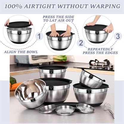 Umite Chef Mixing Bowls with Airtight Lids, 8PCS Stainless Steel Nesting Mixing Bowls Set, 3 Grater Attachments & Non-Slip Bottoms, Black Kitchen Bowls, Size 5, 4, 3.5, 2, 1.5QT for Baking & Serving