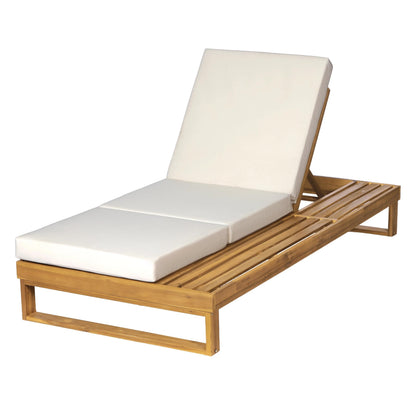 Merax Teak Finish Acacia Wood Chaise Lounge with 4-Inch Cream 3-Fold Water-Resistant Cushion Set, 4-Position Adjustable Outdoor Patio Lounger with Flat Side Surface, for Poolside