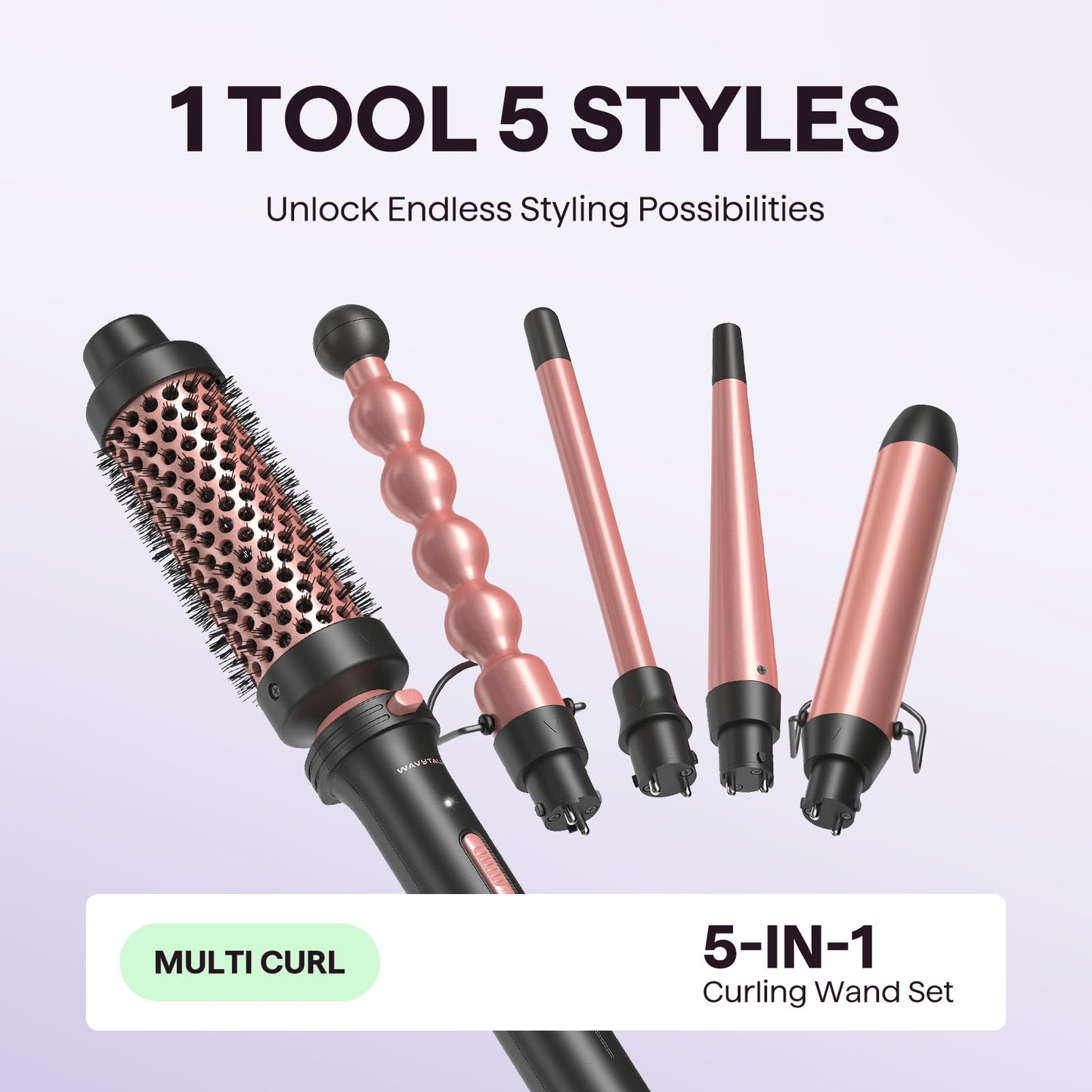 Wavytalk 5 in 1 Curling Iron,Curling Iron Set with Heated Round Brush and 4 Interchangeable Ceramic Curling Wand(0.5”-1.25"), Instant Heat Up,Dual Voltage Hair Curler