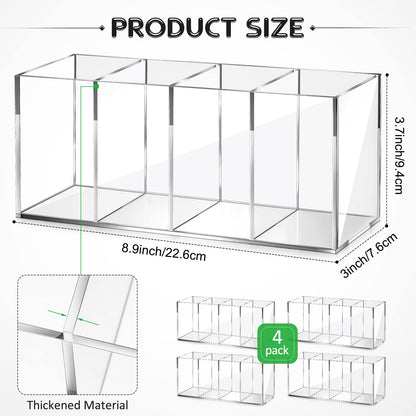 Pajean 4 Pack Acrylic Pen Pencil Holder - 4 Compartments Clear Pencil Pen Holder Organizer - Makeup Brush Holder Acrylic Pencil Organizer Cup for Office Home Supplies Desk Accessories