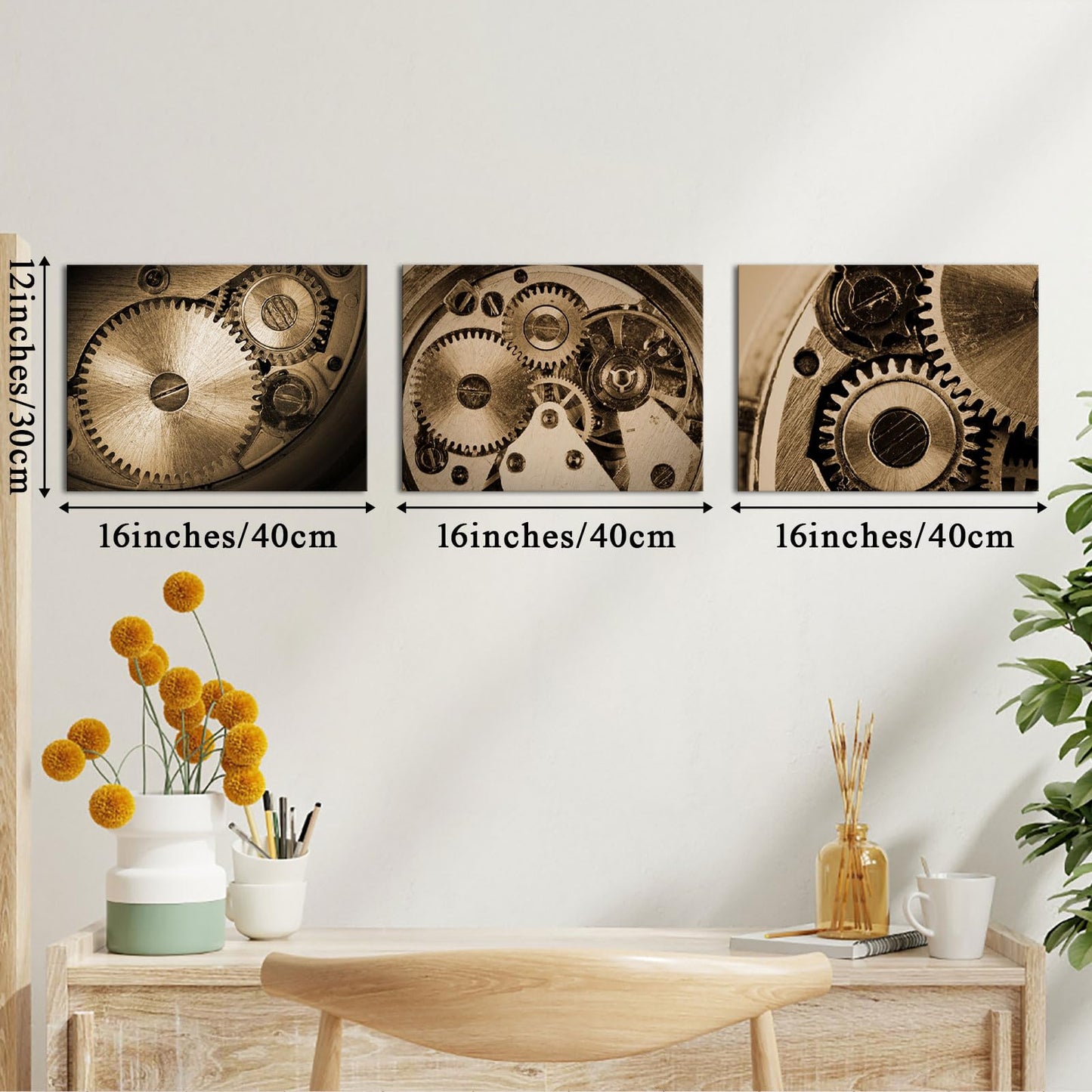 LyerArtork 3 Piece Steampunk Industrial Engines Wall Art Canvas Prints Sepia Retro Gear Wheel Mechanical Pictures Artwork Wall Decor for Office Living Room Stretched and Framed 12x16inchx3