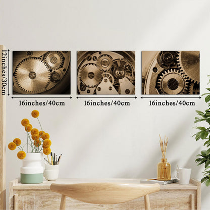 LyerArtork 3 Piece Steampunk Industrial Engines Wall Art Canvas Prints Sepia Retro Gear Wheel Mechanical Pictures Artwork Wall Decor for Office Living Room Stretched and Framed 12x16inchx3