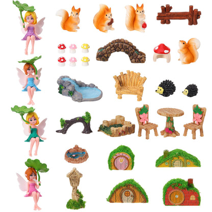 GGSTDDUP 32 PCS Mini Fairy Garden Accessories Kit Miniature Garden Ornaments Included Resin House Statues Tiny Fairies Figurines Animal Plant Set for DIY Terrarium Potted Plants Dollhouse Desk Decor