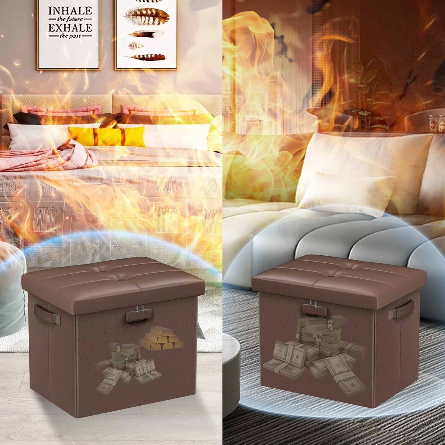 17x13x13in, DocSafe Storage Ottoman Foot Rest Stool with Lock Handle, Fireproof Folding Leather Footstool Bench