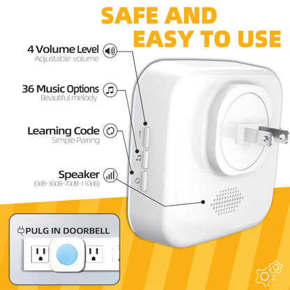 Wireless Doorbell 1200 feet Waterproof Door Bell with Flash LED Light 36 Melodies 4 Volume Levels (2 Receivers& 1 Touch Button, White JSIEEM)