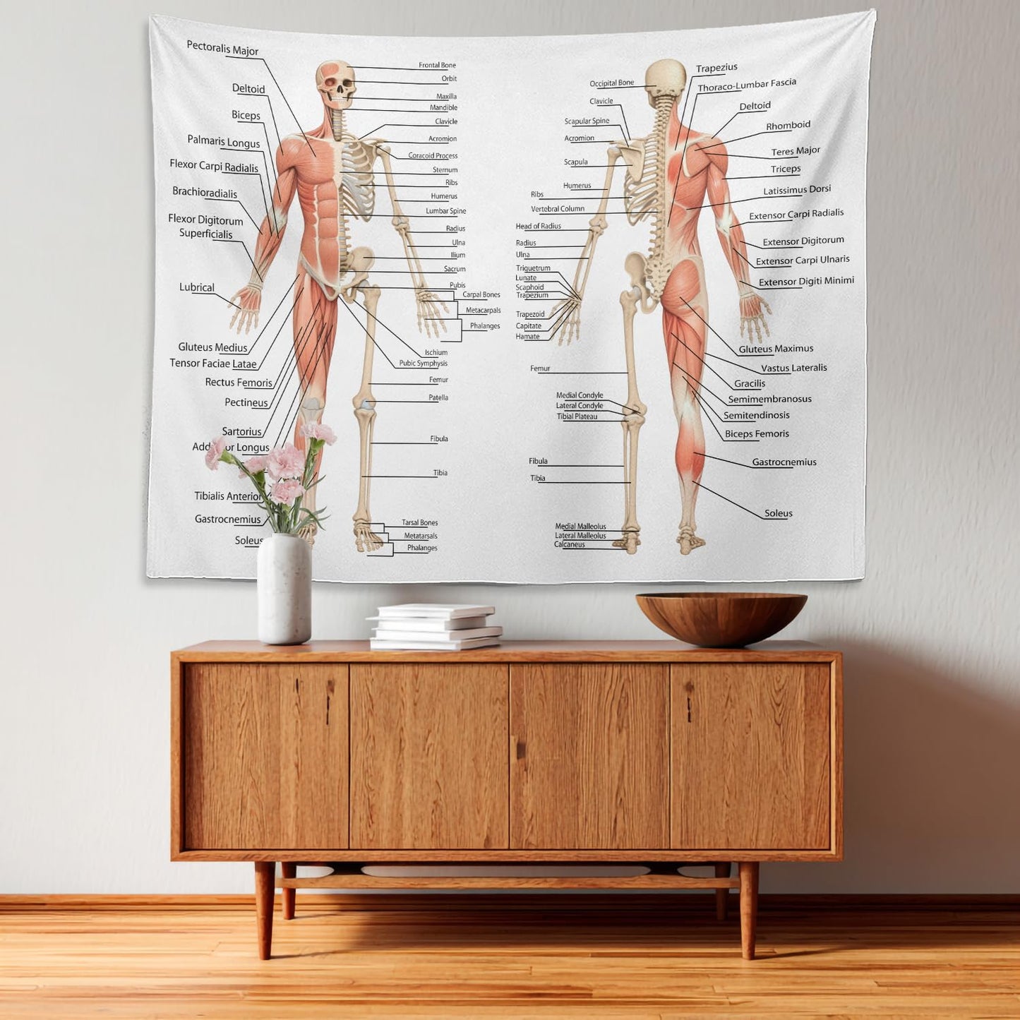 Batmerry Skeleton Tapestry, Body Human Skeleton Anatomy Backbone Biology Board Bone Picnic Mat Hippie Trippy Tapestry Wall Art Decor for Bedroom Living Room, 51.2 x 59.1 Inches, Human Anatomy