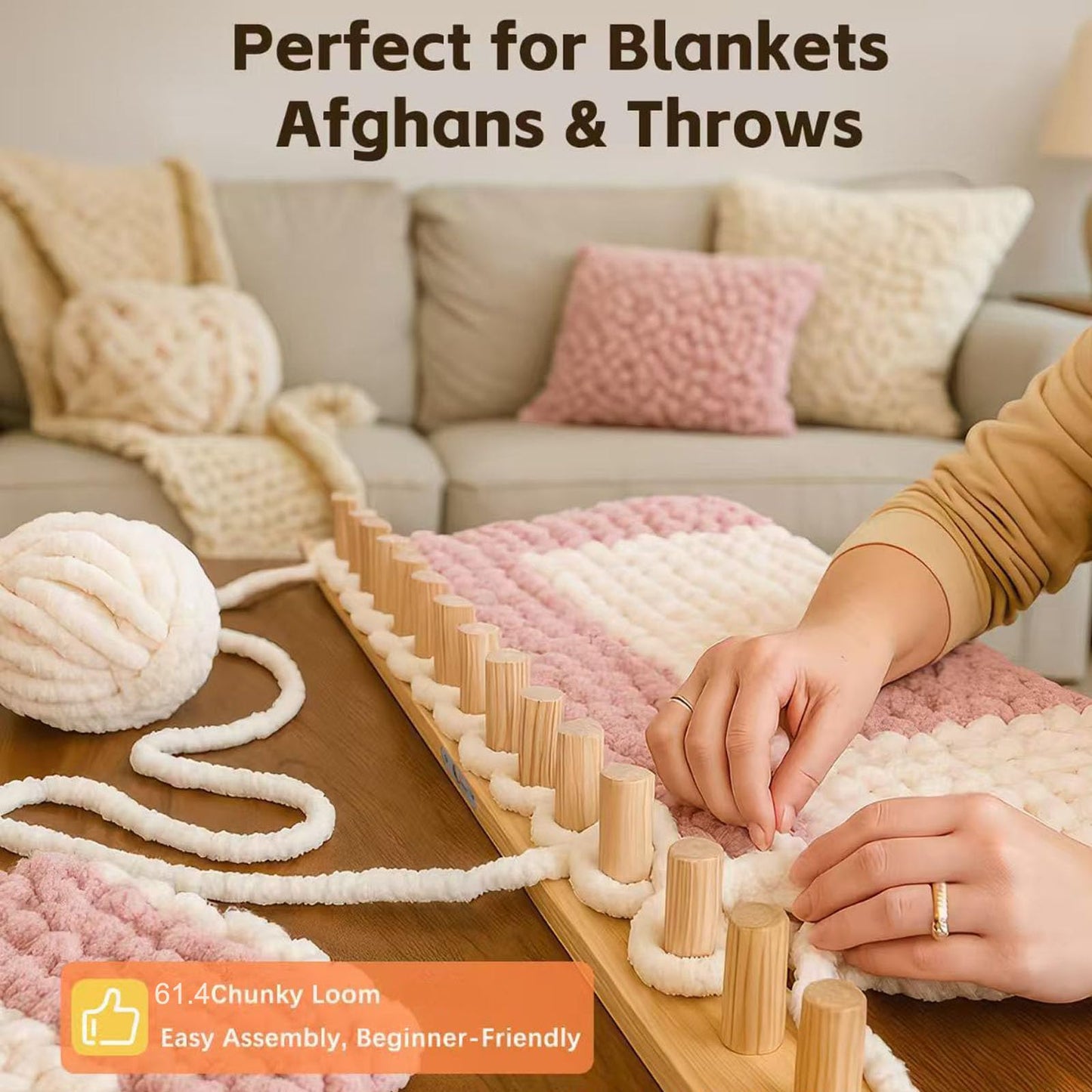 PHENNFUSION Chunky Blanket Loom for DIY Throw Blankets, 61.4" Wooden Loom Frame Adjustable Size Foldable Portable Hand Knitting Yarn Chunky,No Needles Required,Beginner Friendly Yarn Craft