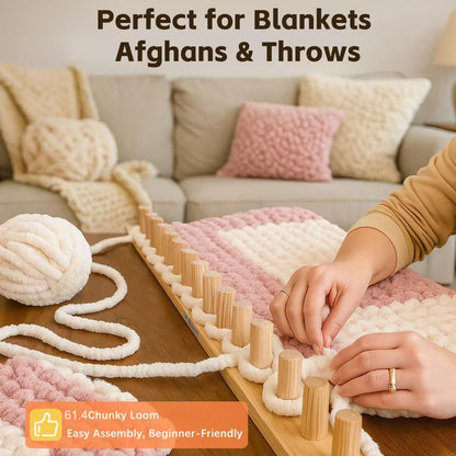 PHENNFUSION Chunky Blanket Loom for DIY Throw Blankets, 61.4" Wooden Loom Frame Adjustable Size Foldable Portable Hand Knitting Yarn Chunky,No Needles Required,Beginner Friendly Yarn Craft