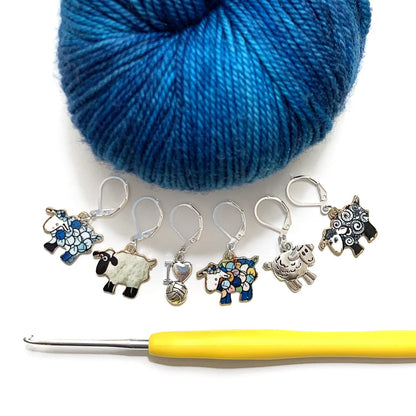 Pretty Warm Designs Sheep Crochet Stitch Markers - Set of 6 Locking Progress Keepers for Amigurumi, Knitting & Fiber Arts - Handmade Yarn Charms in Storage Tin