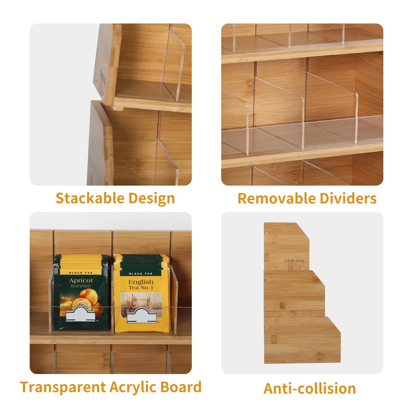 TIOPGHAD 3 Layer Stackable Bamboo Tea Bag Organizer Storage Holder for Tea Bags Wood Tea Box Containers Tea Rack Teabag Station Stand for Cabinet Countertop Office(Patented Design)