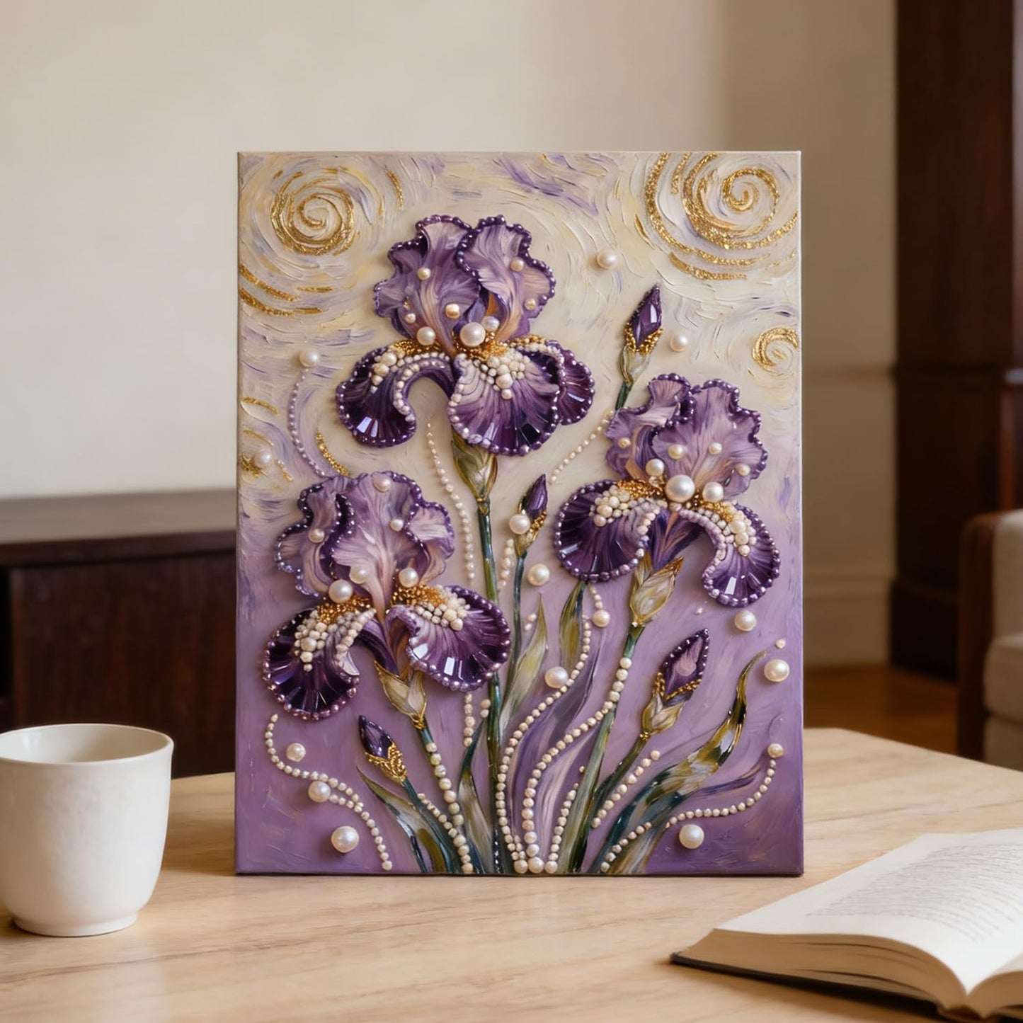 Mrchfr Purple Iris Pearl Painting for Adults Handmade DIY Self-Adhesive Bead Flower Painting for Beginners Pearl Mosaic Art for Home Office Bedroom Wall Art Without Frame 15.75x19.96inch(Style C)
