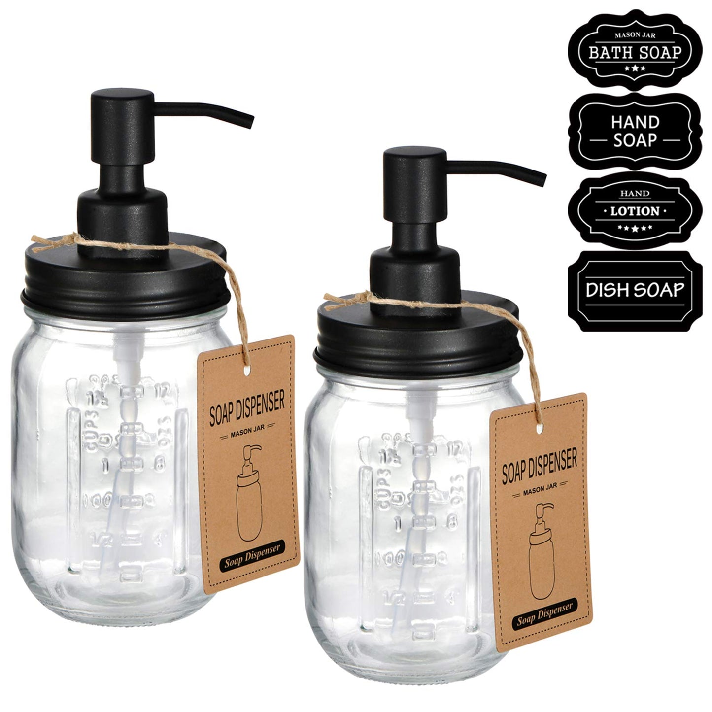 Amolliar Mason Jar Liquid Soap Dispenser, 16OZ Refillable Glass Soap Dispenser for Bathroom, Hand Soap, Dish Soap, Lotion Dispenser for Kitchen, Farmhouse Decor, Soap Pump Bottle, Black 2 Pack