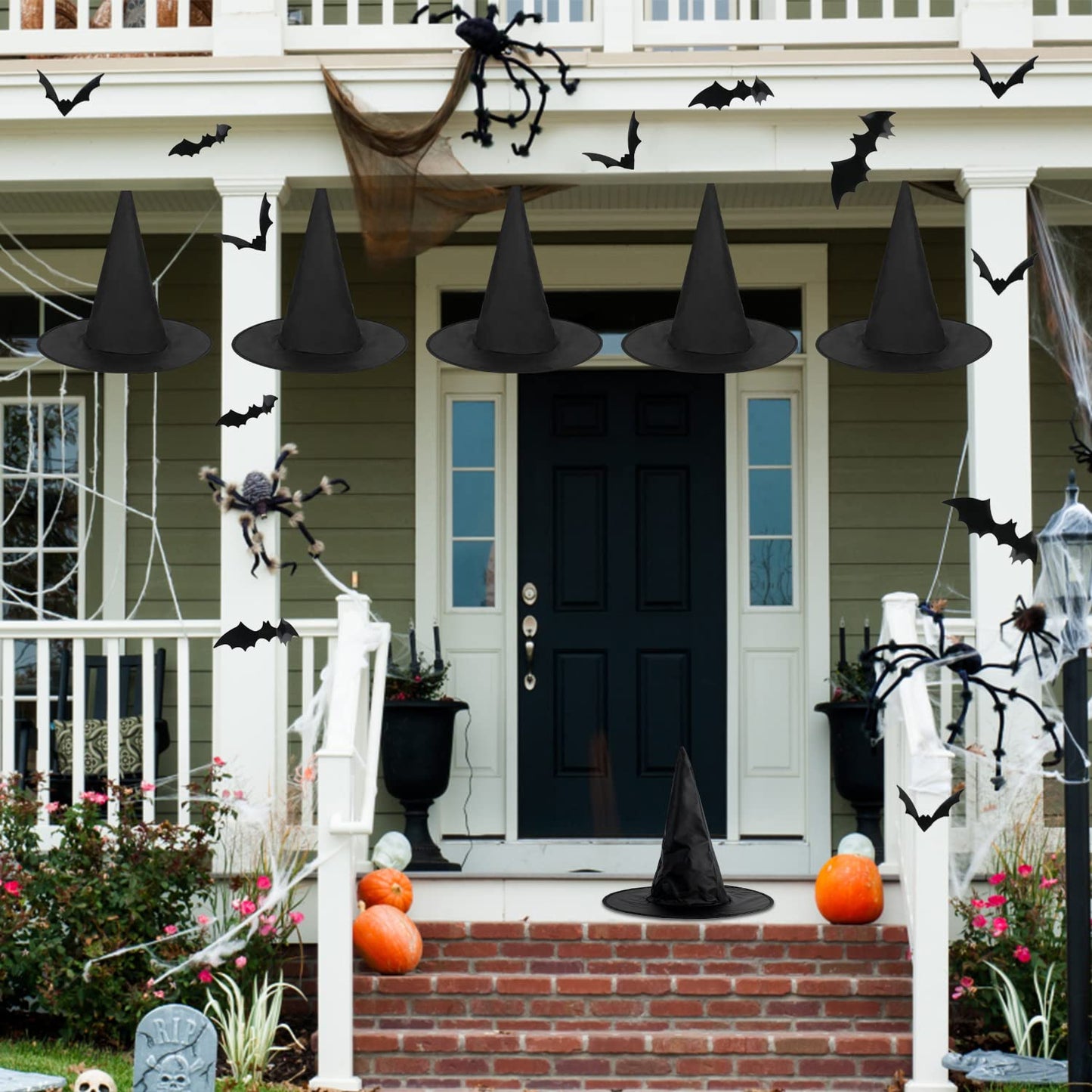 CCINEE 12 Pcs Halloween Decoration Witch Hats, Bulk Hanging Witch Costume Caps Accessories with 120 Pcs Bat Wall Stickers for Halloween Themed Party Yard Decoration