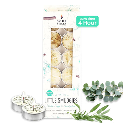 SOUL STICKS 12 Pack Little Smudgies Tealight Candles Smudge Candle for Cleansing House, Meditation, Chakra Healing | Made with Crystals and Herbs (White Sage & Eucalyptus)