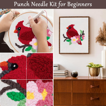 Louise Maelys Beginners Punch Needle Kits,for Starter Adults,Rug Cross Stitch Kit Tool Including Handle Embroidery Pen,Cloth,Hoop,Threads and Instruction-Cardinal Bird Pattern