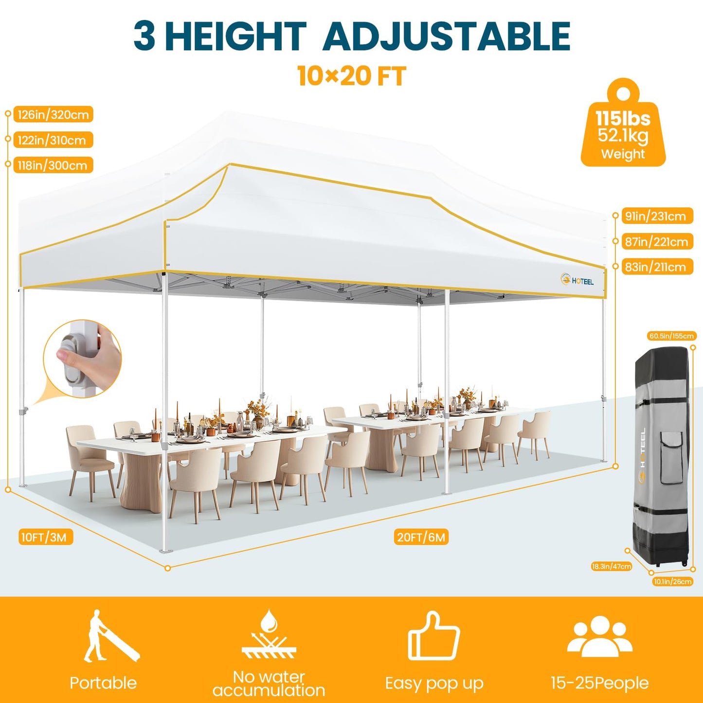 Hoteel 10x20 Pop Up Canopy Tent Heavy Duty with 6 Sidewalls, Waterproof Party Tent, Easy Set-up Commercial Instant Tents with Roller Bag & Sandbags, Hexagonal Leg (1-Year Warranty)