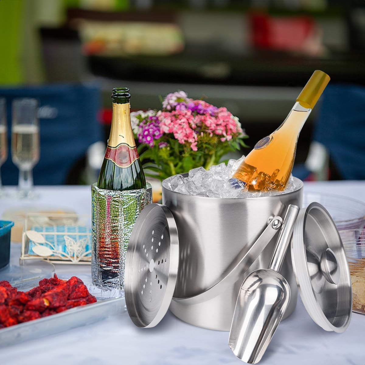 NBNSTHV 3L Double-Wall Insulated Stainless Steel Ice Bucket with scoop for Cocktail Bar - Metal Ice Bucket for freezer