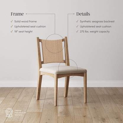Nathan James Elodia Upholstered Dining Chair with Seagrass Back Solid Wood Modern Dining Room Chair with Natural Flax Upholstery, Light Brown