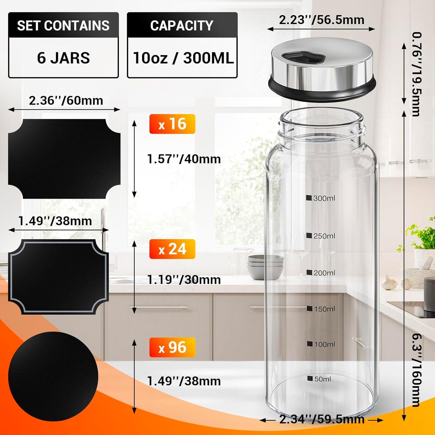 Set, 6 Pack 10oz 136 1 1 Segarty Spice Jar with Labels Large Spice Jars with Shaker Lids, Empty Glass Spices Bottles