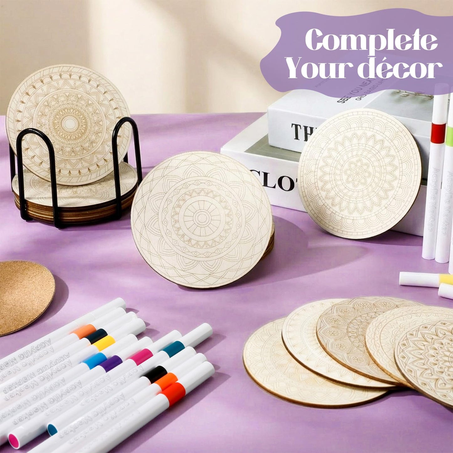 Reallnaive 77 Pcs Mandalas Coasters Painting Kit, 20 Set Wooden Drink Coasters 4 Inch with Holder & Markers Boho DIY Crafts for Adults, Women, Hobby, Color Your Own Art Craft Supplies