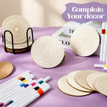 Reallnaive 77 Pcs Mandalas Coasters Painting Kit, 20 Set Wooden Drink Coasters 4 Inch with Holder & Markers Boho DIY Crafts for Adults, Women, Hobby, Color Your Own Art Craft Supplies