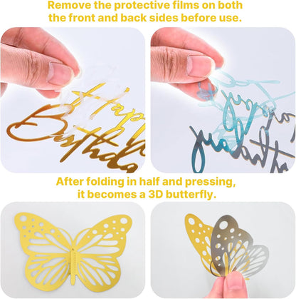 AMZVALU Crown Cake Topper Set - 3 Happy Birthday Decorations with Rose Gold Butterflies & Candles