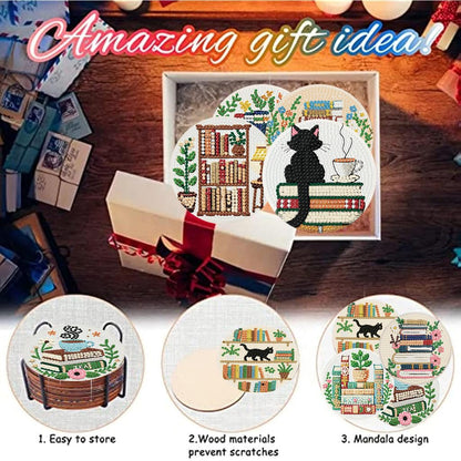 Zythron 8 Pcs Bookshelf Diamond Art Coasters Books Diamond Painting Coasters Kits DIY 5D with Holder with Holder Cork Pads DIY for Beginners, Adults, Diamond Art Kits Crafts Supplies 4x4 in