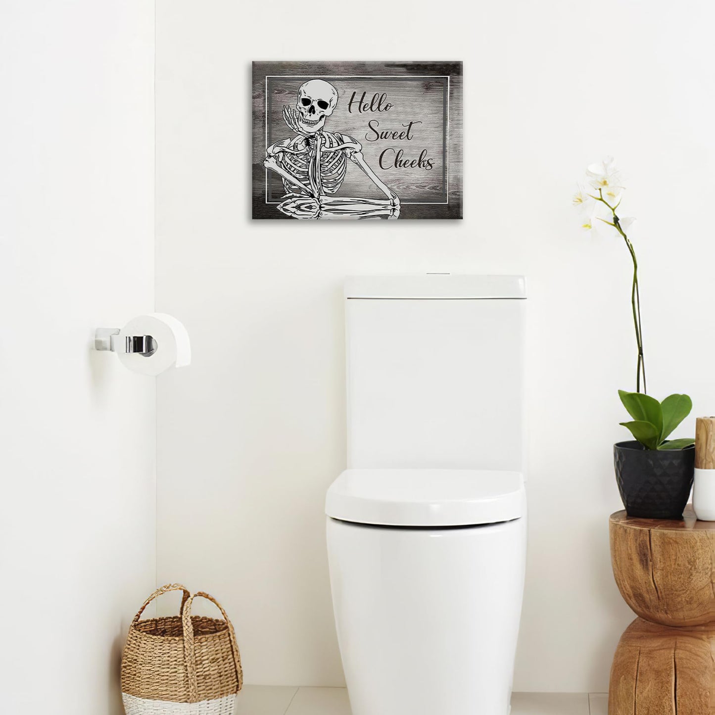 Bathroom Decor Wall Art Halloween Skeleton Canvas Prints Painting Gothic Skull Bathroom Pictures Framed Funny Weird Artwork for Toilet Restroom Washroom 16"x12"