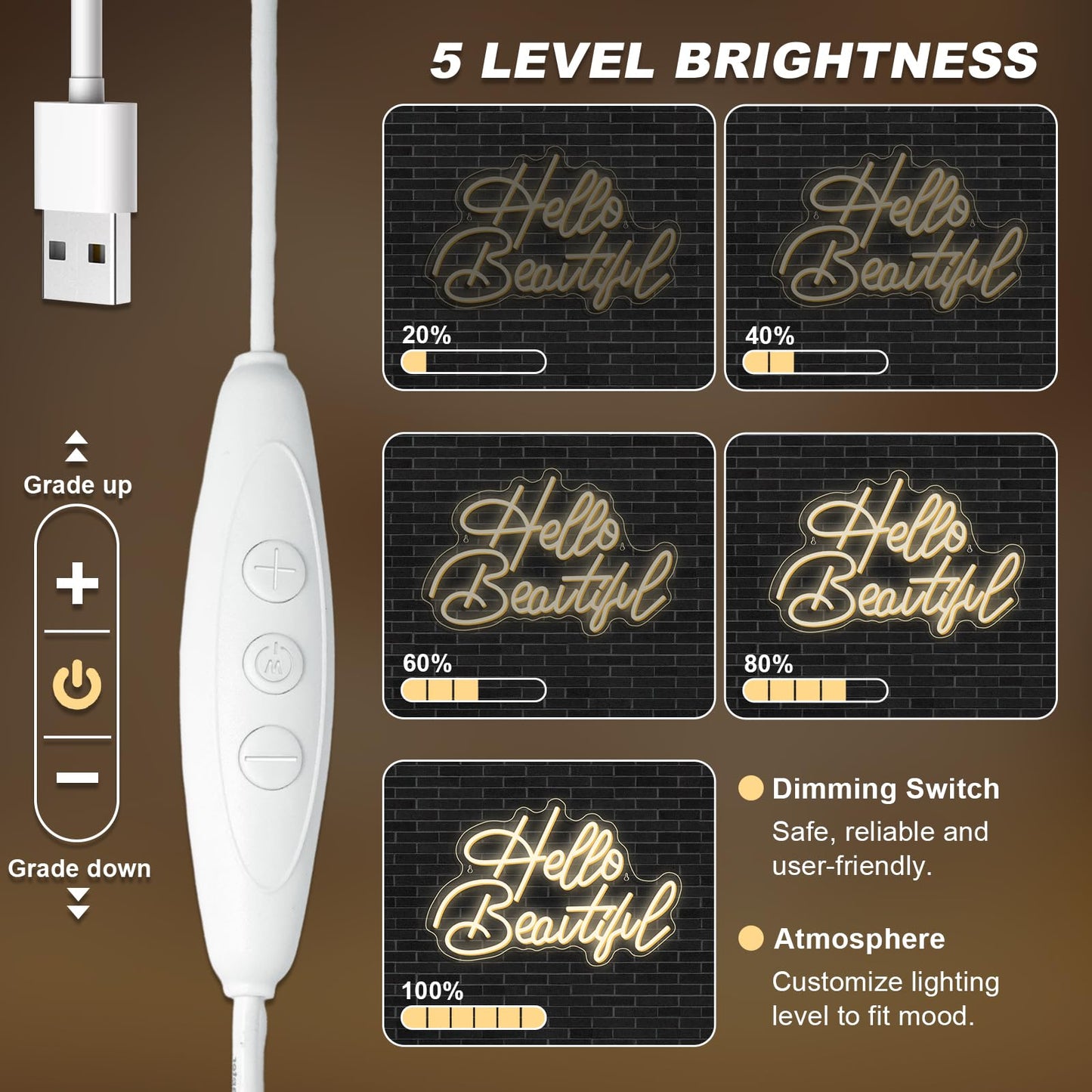 LooKLight Hello Beautiul Neon Sign,Warm White Neon Light Sign,Letters Wedding Neon Signs for Wall Decor,USB Powered Led Light Up Signs For Wedding Party Bedroom Birthday Beauty Salon