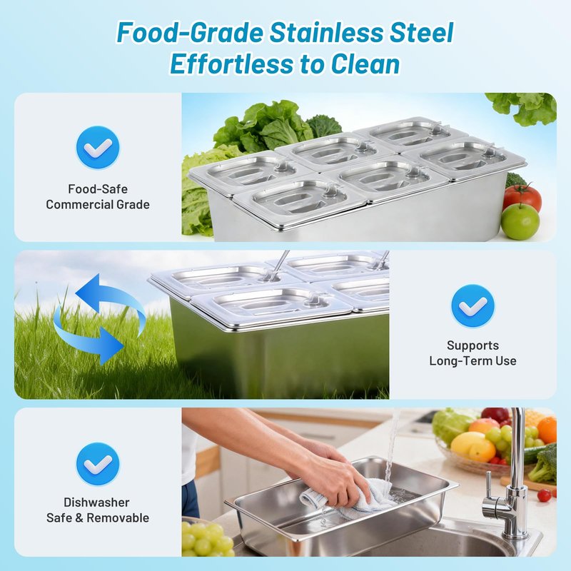YMJOINMX Cold Ice Food Serving Display tray 6 Pan ×2QT with Ice Packs Clear Lids for Salad Pizza Sauce Cooled Condiment Container Buffet Server Cooler for Party Home