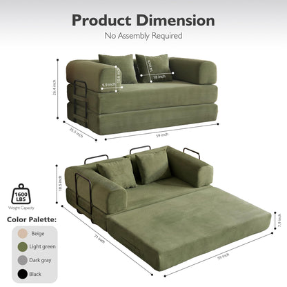 THOLASIS 59in Convertible Sofa Bed, Corduroy Boneless Couch Bed, Futon Sleeper Sofa Pull Out Bed, Foldable Couch for Living Room Apartment, No Assembly Required