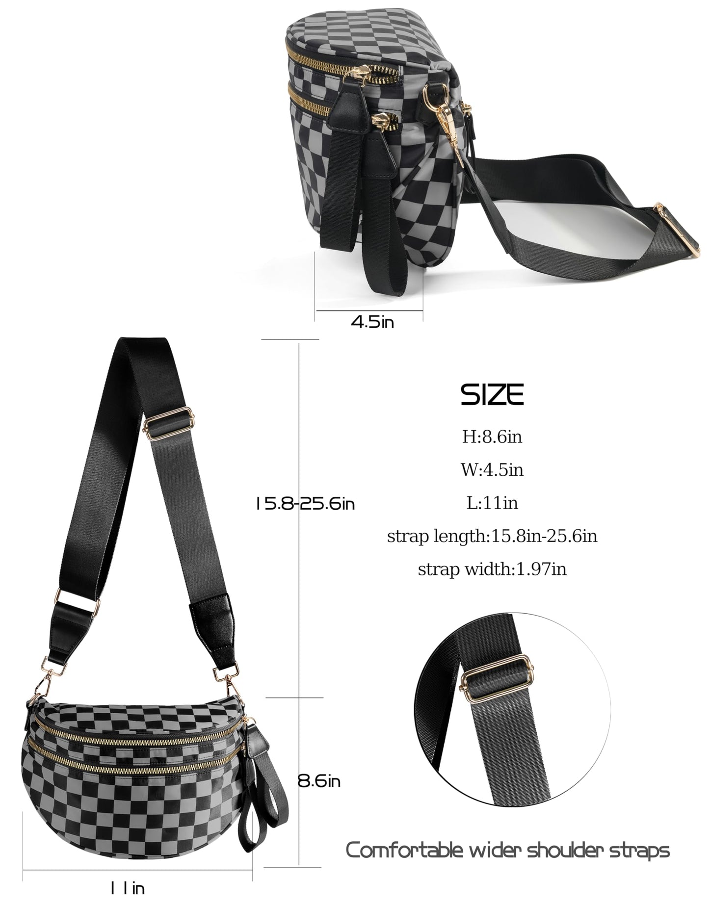 Spacious Checkered Nylon Crossbody Bag Bum Bag Checkered Handbags Wallets for Women